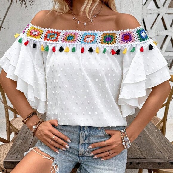 White Boho Women's Off Shoulder Shirt With Colorful Tassel Design - Picture 3 of 6